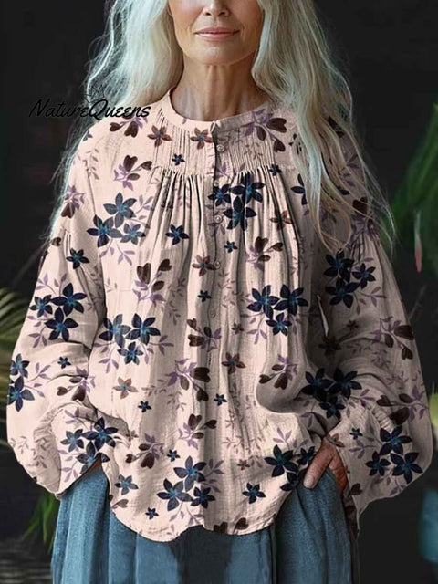 Ladies Small Round Neck Printed Pleated Loose Casual Long Sleeve Comfortable Cotton Shirt