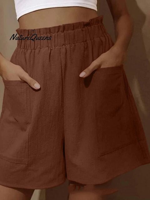 Cotton And Linen Wear High - Waisted Shorts With Buds Brown / S