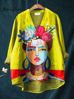 Oil Painting Freda Portrait Art Printed Women's Casual Cotton And Linen Shirt