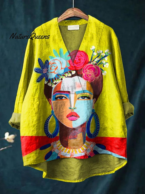 Oil Painting Freda Portrait Art Printed Women's Casual Cotton And Linen V-neck Shirt