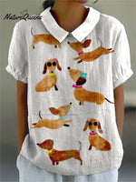 Women's Cute Dachshund Print Casual Cotton And Linen Shirt