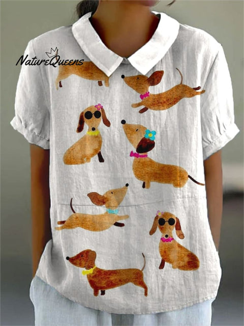 Women's Cute Dachshund Print Casual Cotton And Linen Shirt