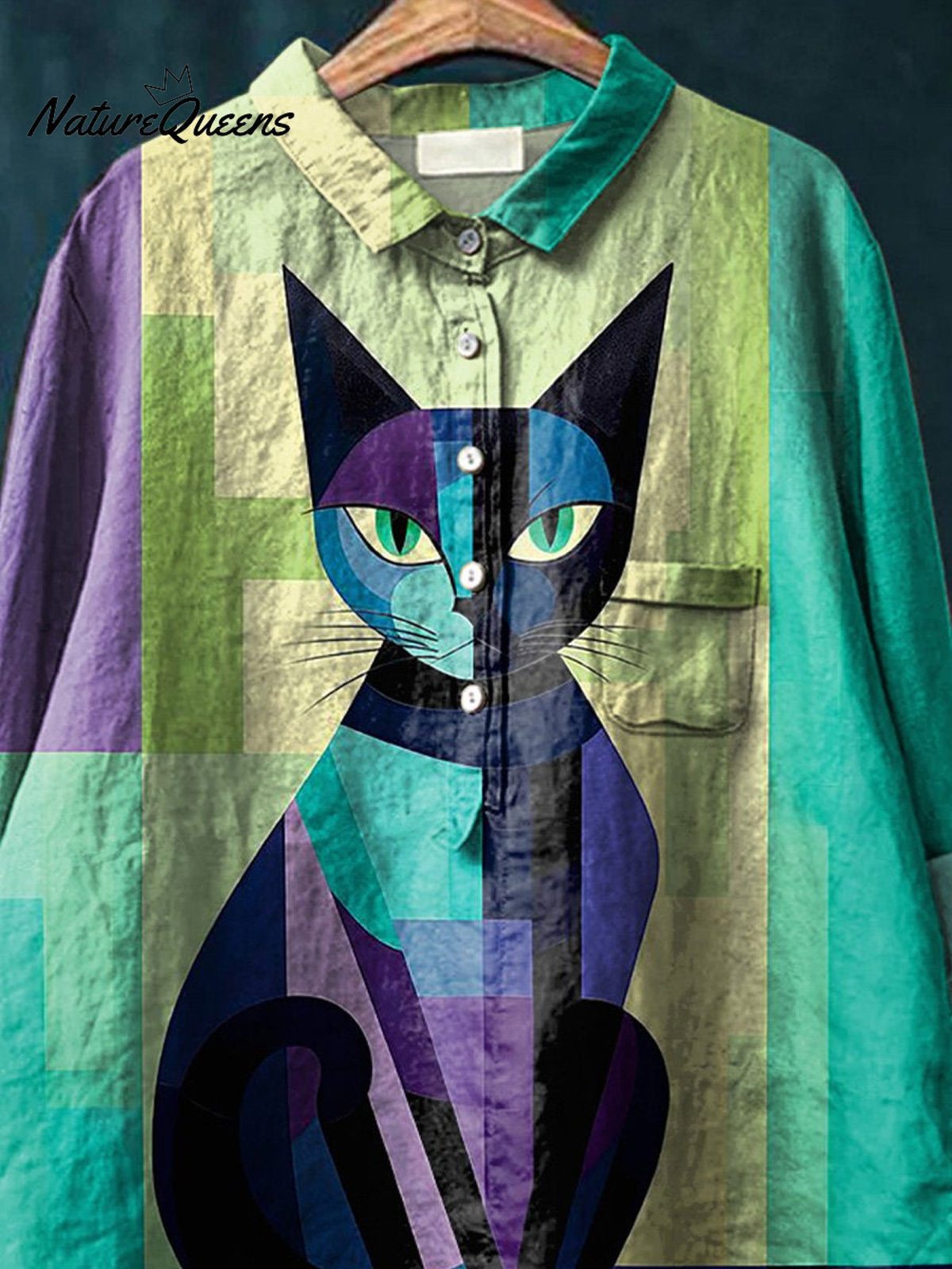 Geometric Cat Graphic Printed Women's Casual Cotton And Linen Shirt