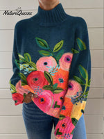 Retro Flower Print Knit Turtleneck Pullover Sweater