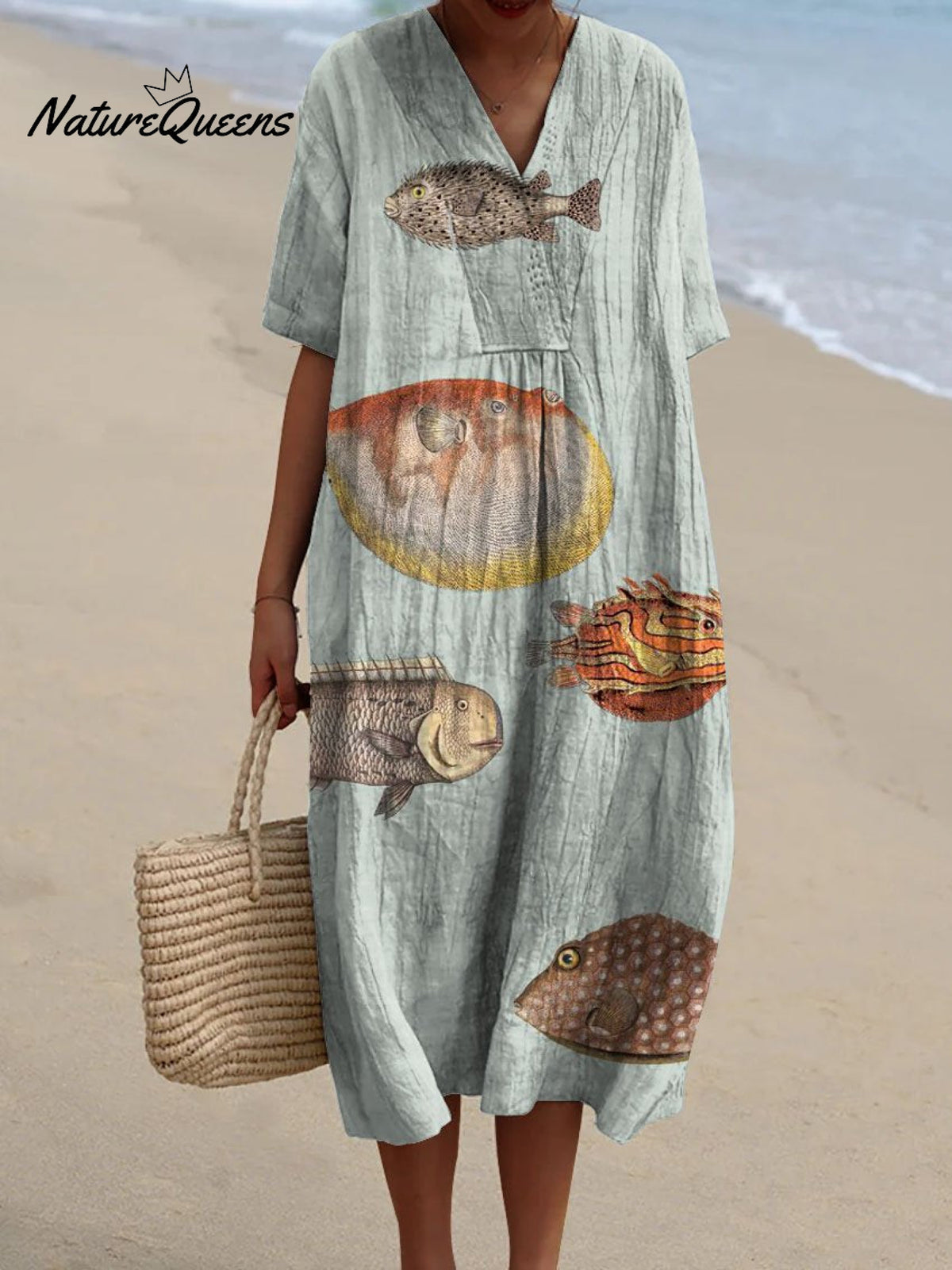 Women's Vintage Lovely Fish Art Print Flowy Dress