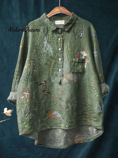 Woodland And Animals Repeat Pattern Printed Women's Casual Cotton And Linen Shirt