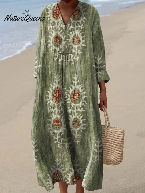 Women's Vintage Ethnic Floral Art Print Cotton Dress