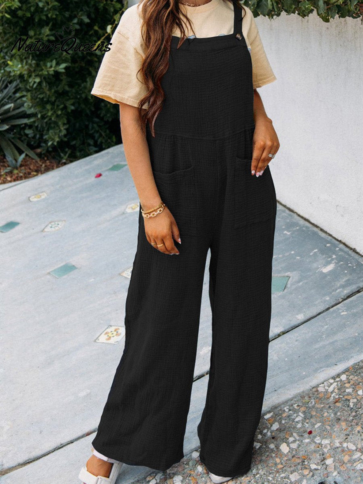 Women’s Casual Solid Colour Square Neck Jumpsuit With Pockets Black / S