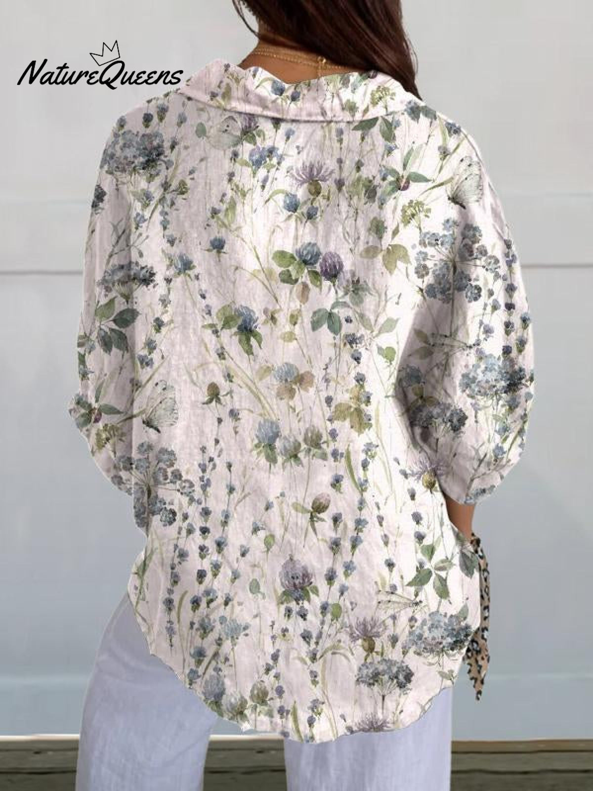 Women's Blue Green Watercolor Elegant Small Flower Floral Print Casual Linen V-neck Shirt