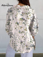 Women's Blue Green Watercolor Elegant Small Flower Floral Print Casual Linen V-neck Shirt