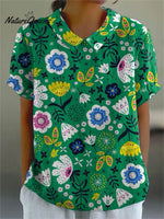 Women's Vintage Flower Print Casual Cotton And Linen Shirt