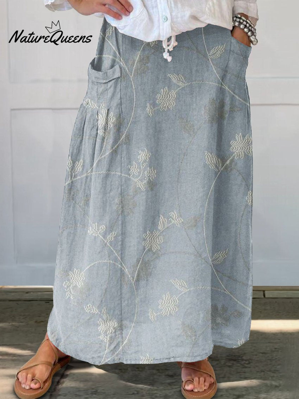 Women’s Flowers And Leaves Art Pattern Print Linen Pocket Skirt Blue / S