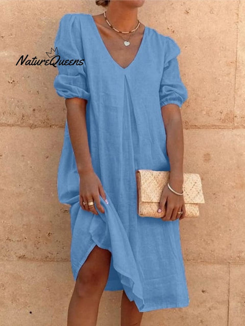 Cotton And Linen Solid Color Long Sleeve Casual Midi Dress