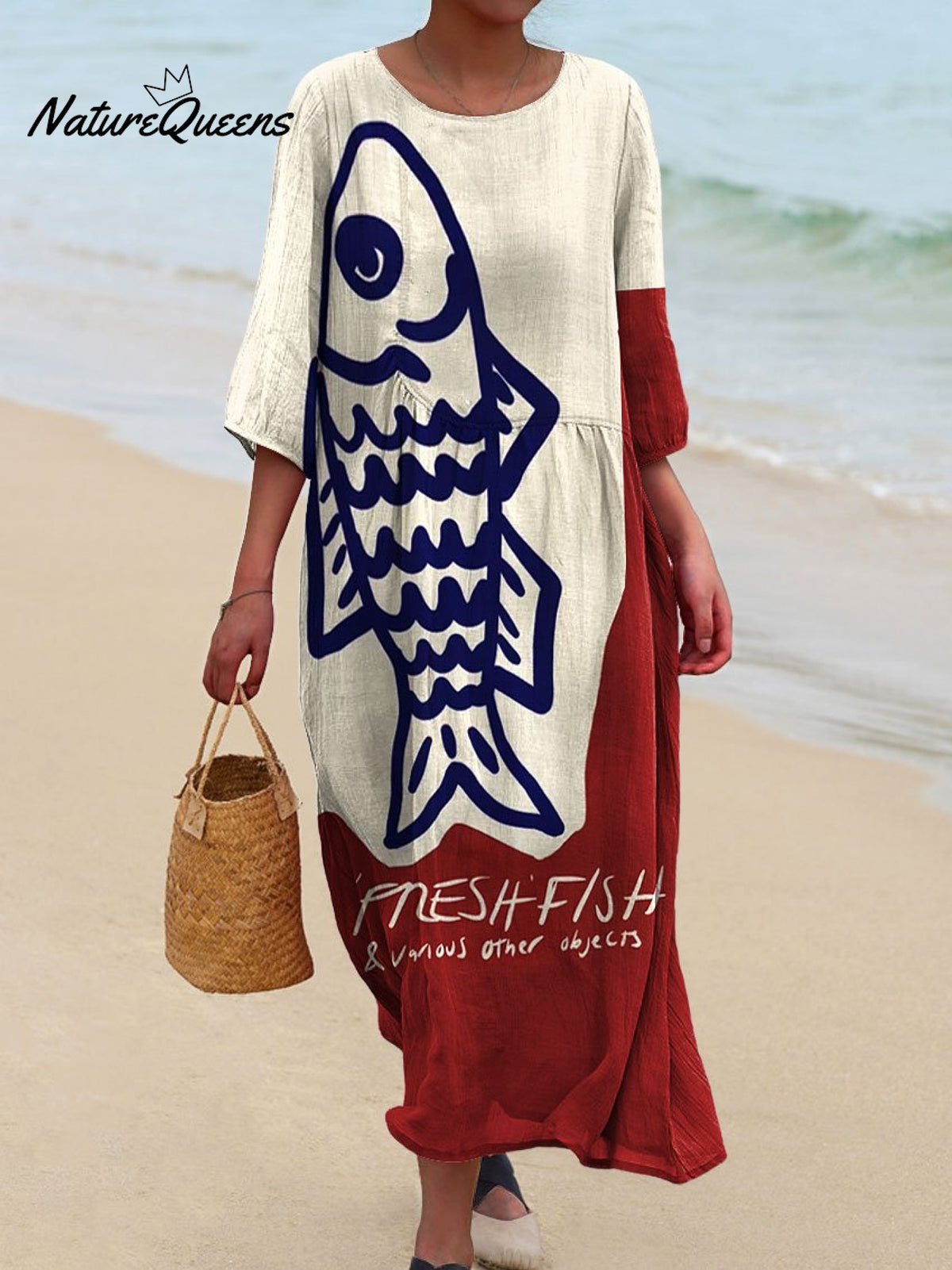 Women's Vintage Fish Art Print Pocket Cotton Dress
