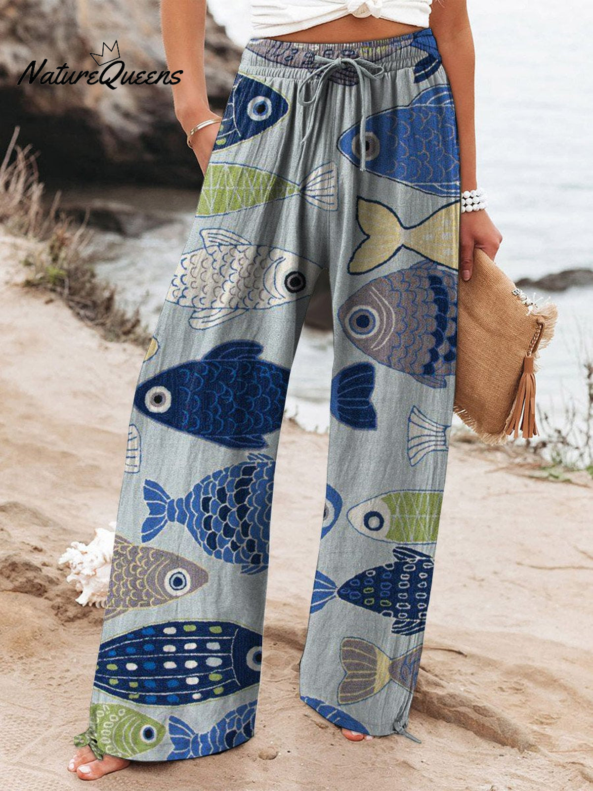 Women's Vintage Lovely Fish Art Printed Cotton And Linen Casual Pants