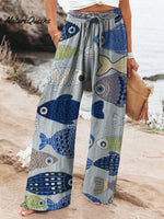 Women's Vintage Lovely Fish Art Printed Cotton And Linen Casual Pants