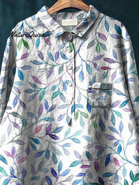 Summer Willow Bough Pattern Printed Women's Casual Cotton And Linen Shirt