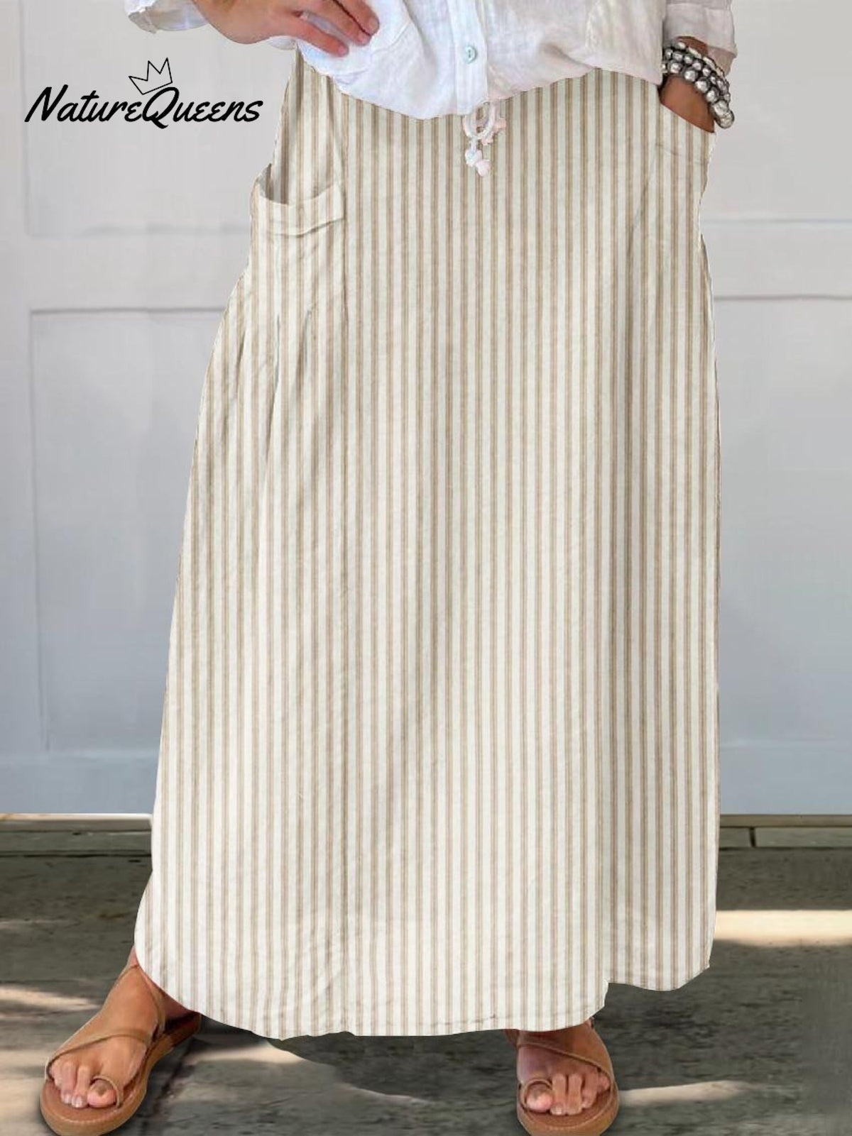 Women’s Striped Abstract Geometry Art Pattern Print Linen Pocket Skirt Sand / S