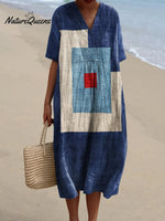 Women's Denim Blue Geometry Watercolor Splash Fluid Art Print Flowy Dress