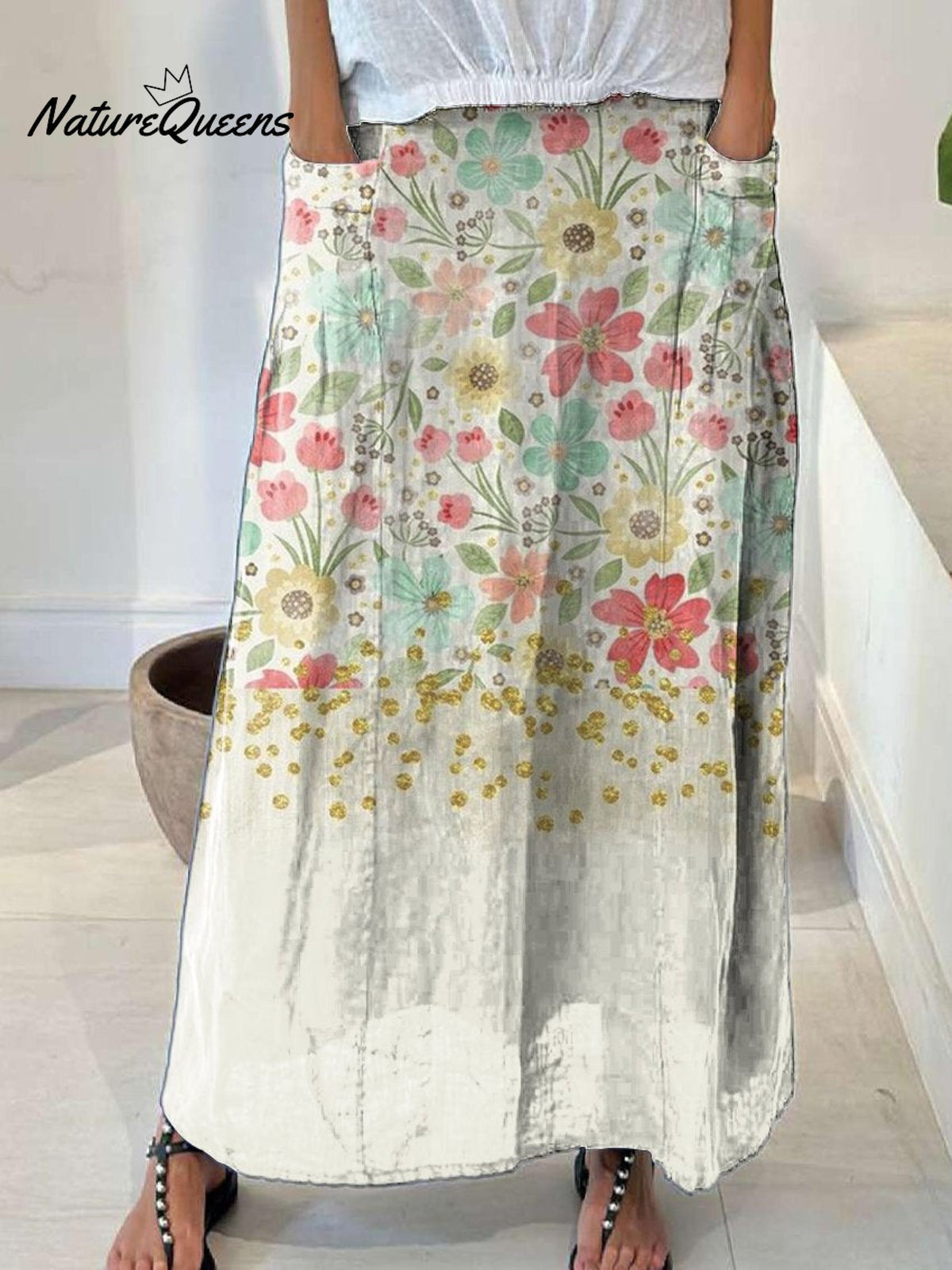 Women’s Flowers Gradient Background Casual Print Linen Elastic Waistband Pocket Skirt