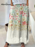 Women’s Flowers Gradient Background Casual Print Linen Elastic Waistband Pocket Skirt