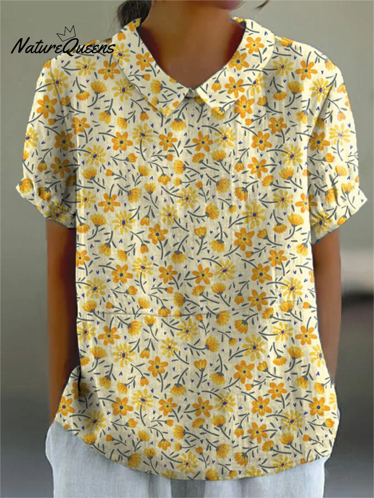 Sweet Yellow Floral Pattern Printed Women’s Casual Cotton And Linen Shirt / S