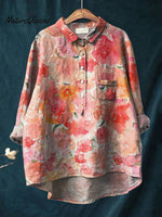 Romantic Watercolor Rose Printed Women's Casual Cotton And Linen Shirt
