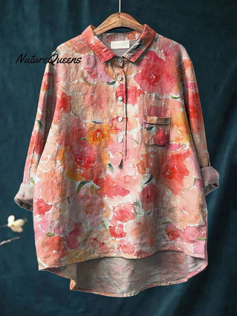 Romantic Watercolor Rose Printed Women's Casual Cotton And Linen Shirt