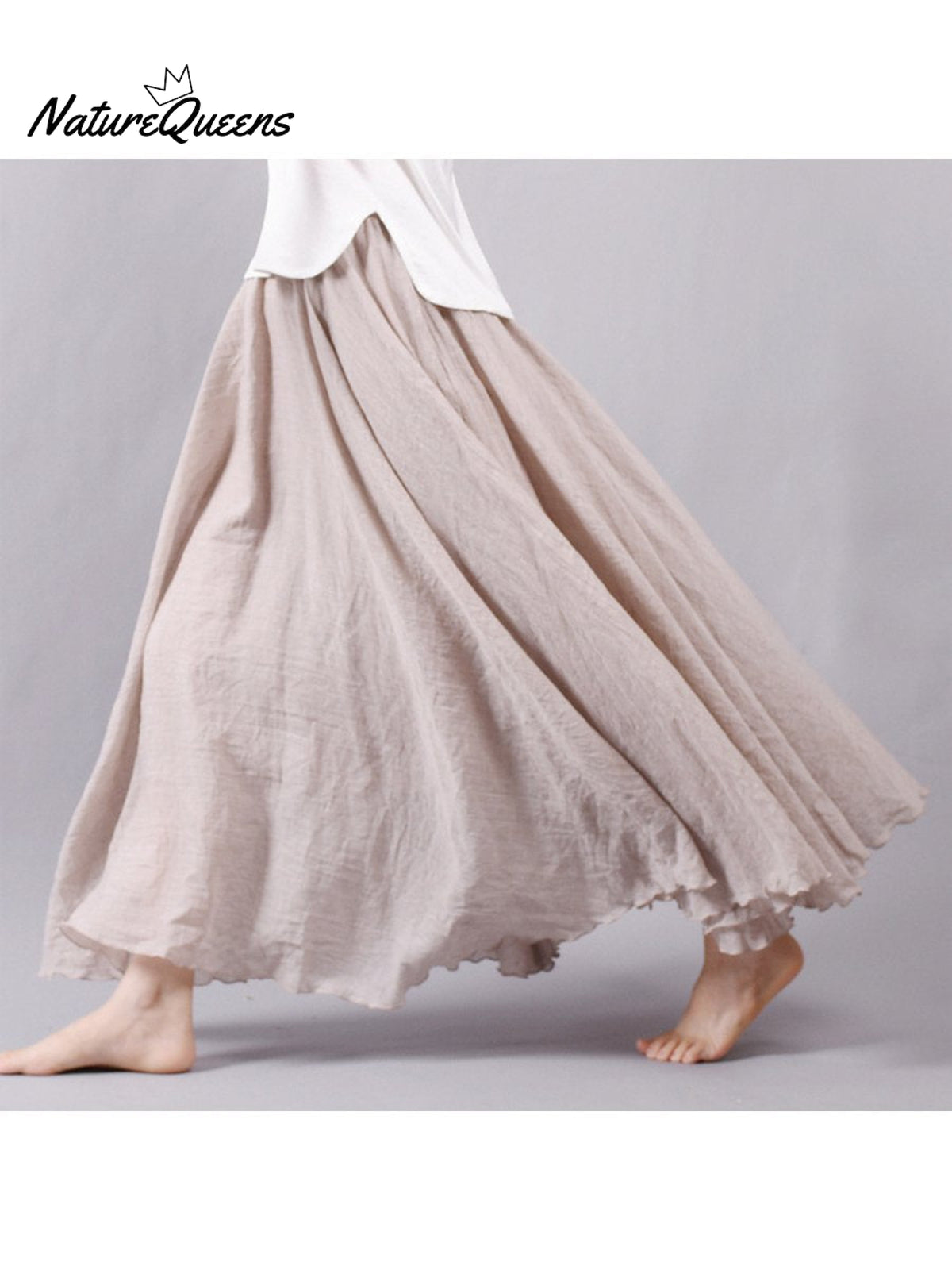 Women’s Cotton Linen Skirt Casual Elastic High Waist Pleated A-Line Beach Skirts Beige / S