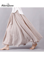 Women’s Cotton Linen Skirt Casual Elastic High Waist Pleated A-Line Beach Skirts Beige / S
