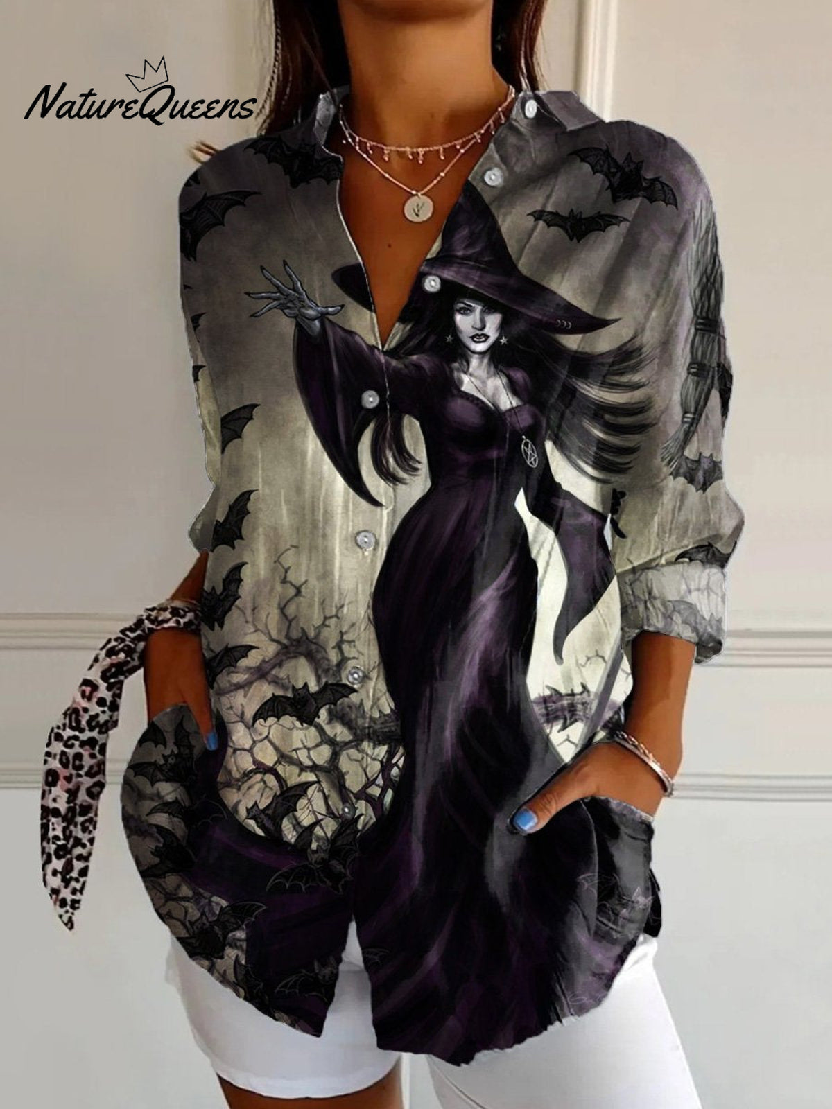 Women'sHalloween WitchArtPrint Casual Cotton Shirt