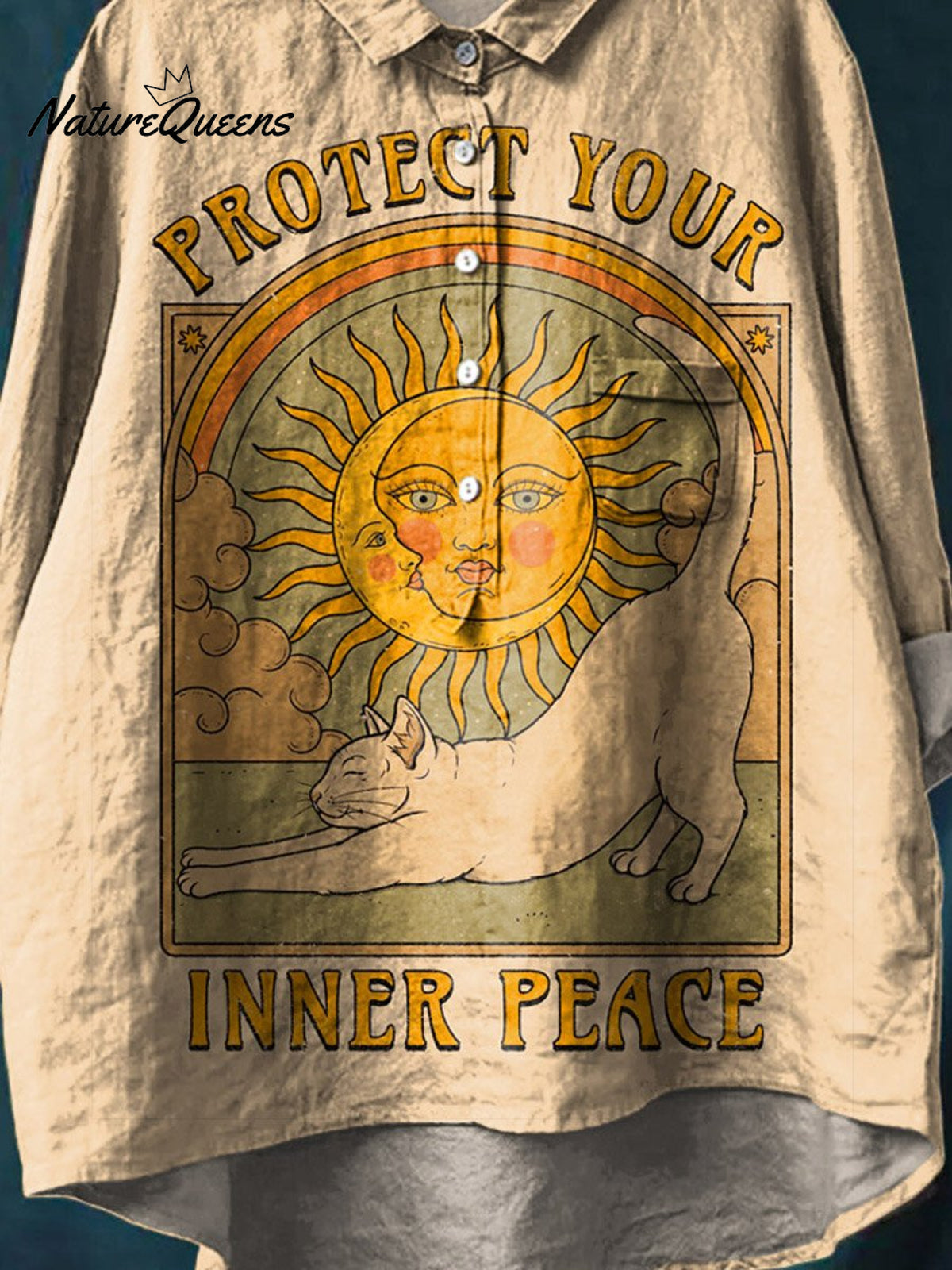 Vintage Protect Your Inner Peace Art Print Casual Cotton And Linen Shirt
