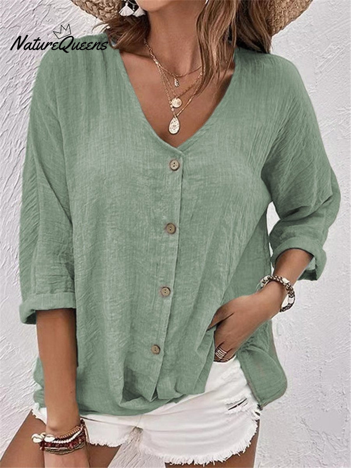 Casual V - Neck Pullover Short - Sleeved Blouse Green / S