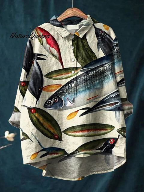 Women's Fish  Art Print Casual Cotton And Linen Shirt