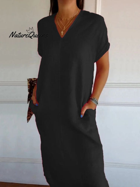 Women’s Cotton And Linen V - Neck Short Sleeve Slit Dress Black / S