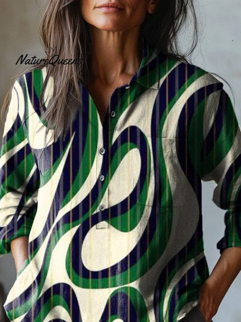 Abstract Swirl Pattern Printed Women's Casual Cotton And Linen Shirt