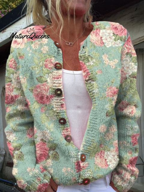 Fresh Retro Flowers Print Buttoned Cardigan Sweater