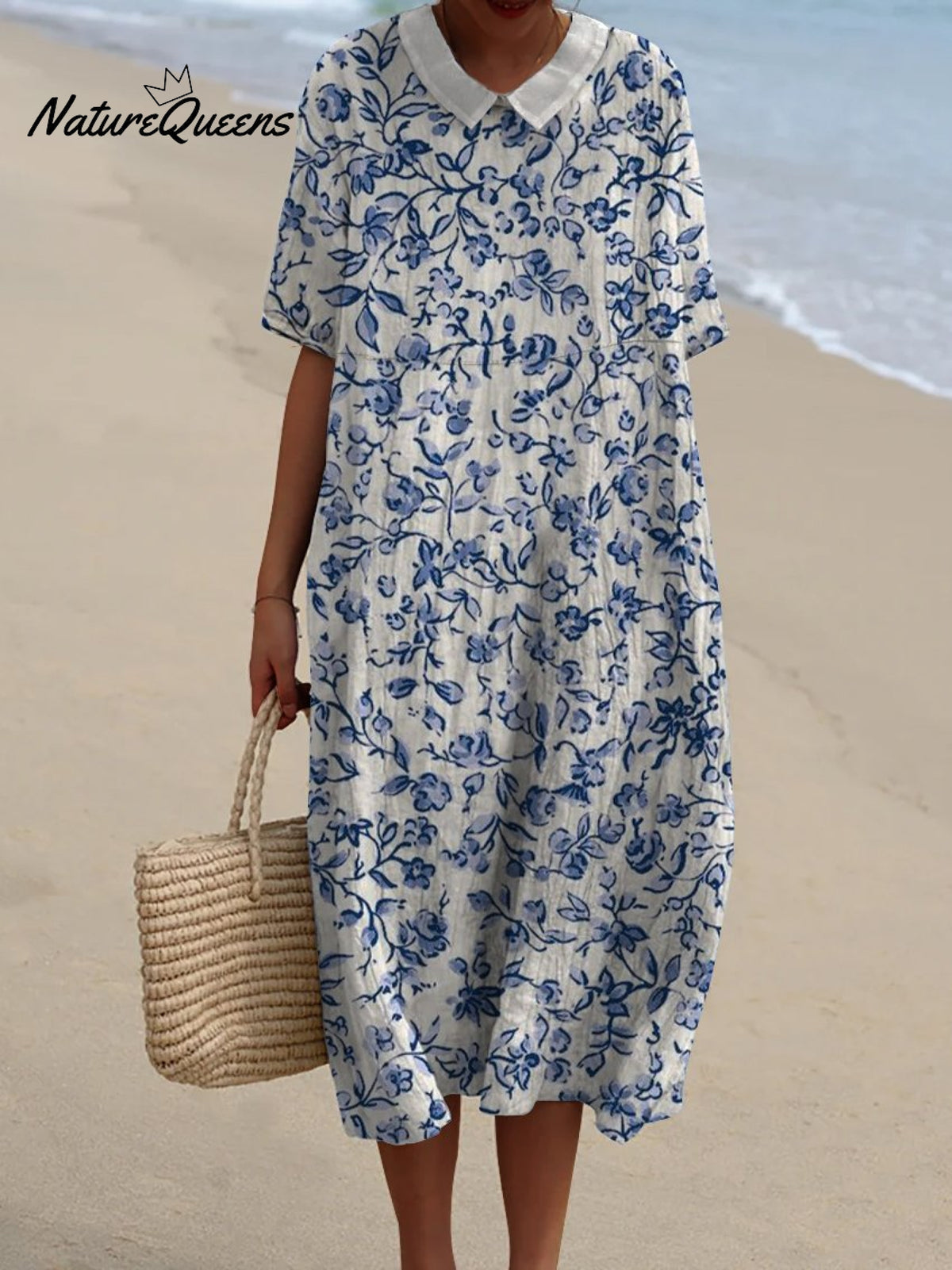 Women's Simple Small Blue Flowers Print Pocket Linen Dress（Convertible Dress With Front And Back Option）