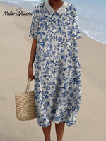 Women's Simple Small Blue Flowers Print Pocket Linen Dress（Convertible Dress With Front And Back Option）