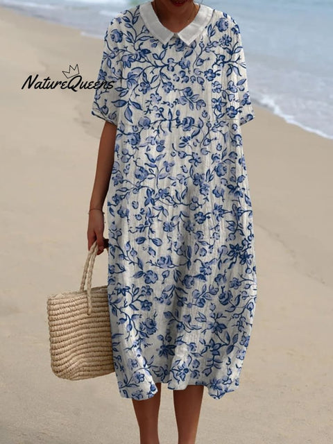 Women's Simple Small Blue Flowers Print Pocket Linen Dress（Convertible Dress With Front And Back Option）
