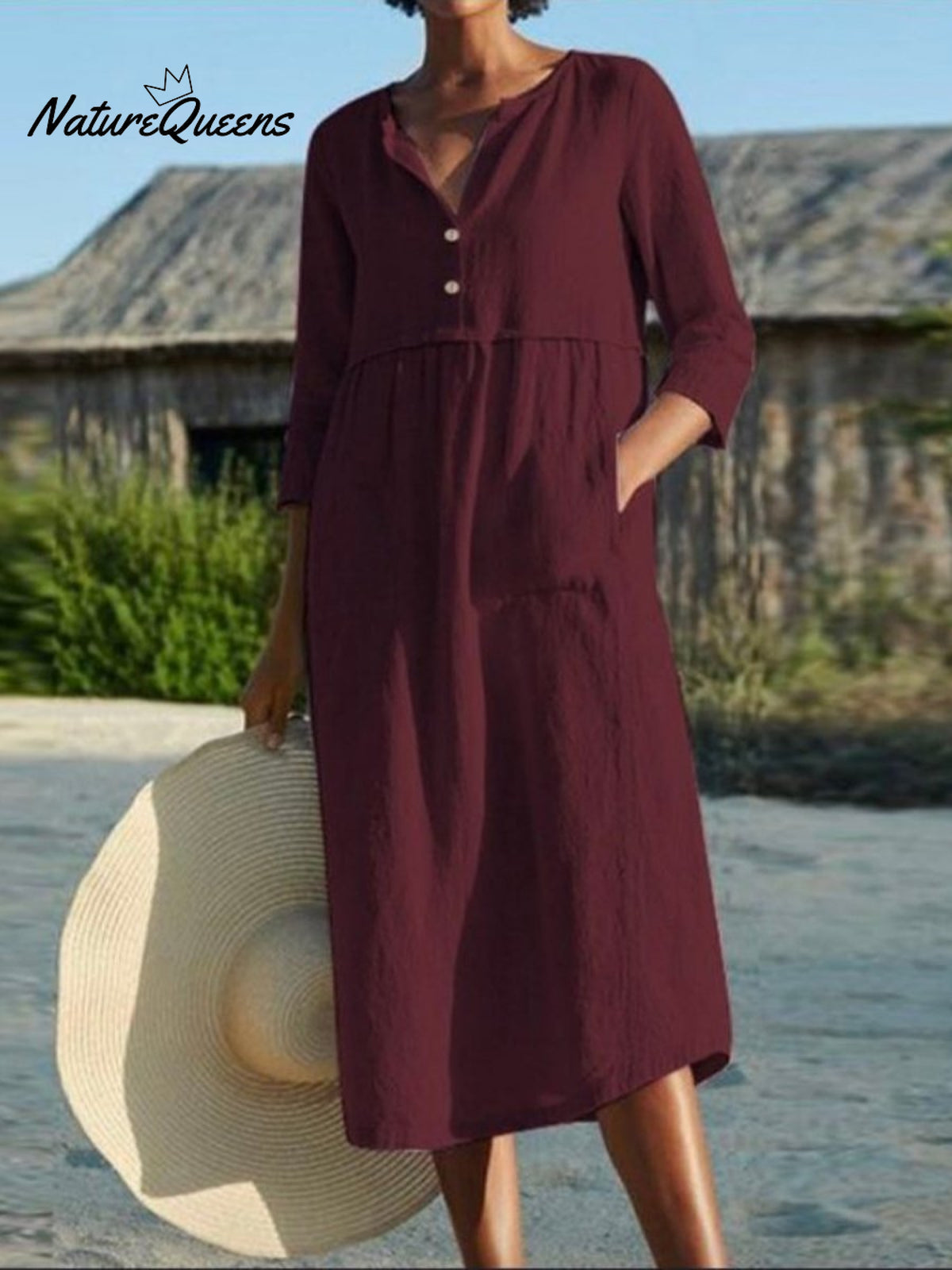 Cotton And Linen Mid - Sleeve Dress Red / S
