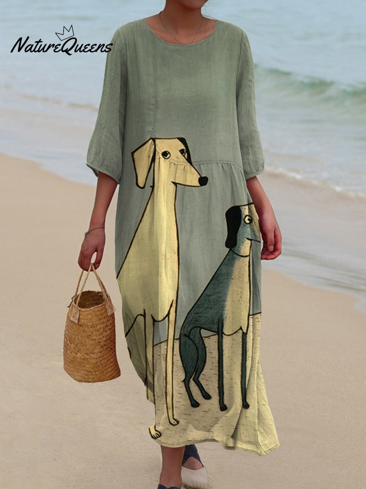 Women's Retro Minimalist Dog Print Pocket Cotton Dress