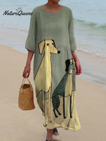 Women's Retro Minimalist Dog Print Pocket Cotton Dress