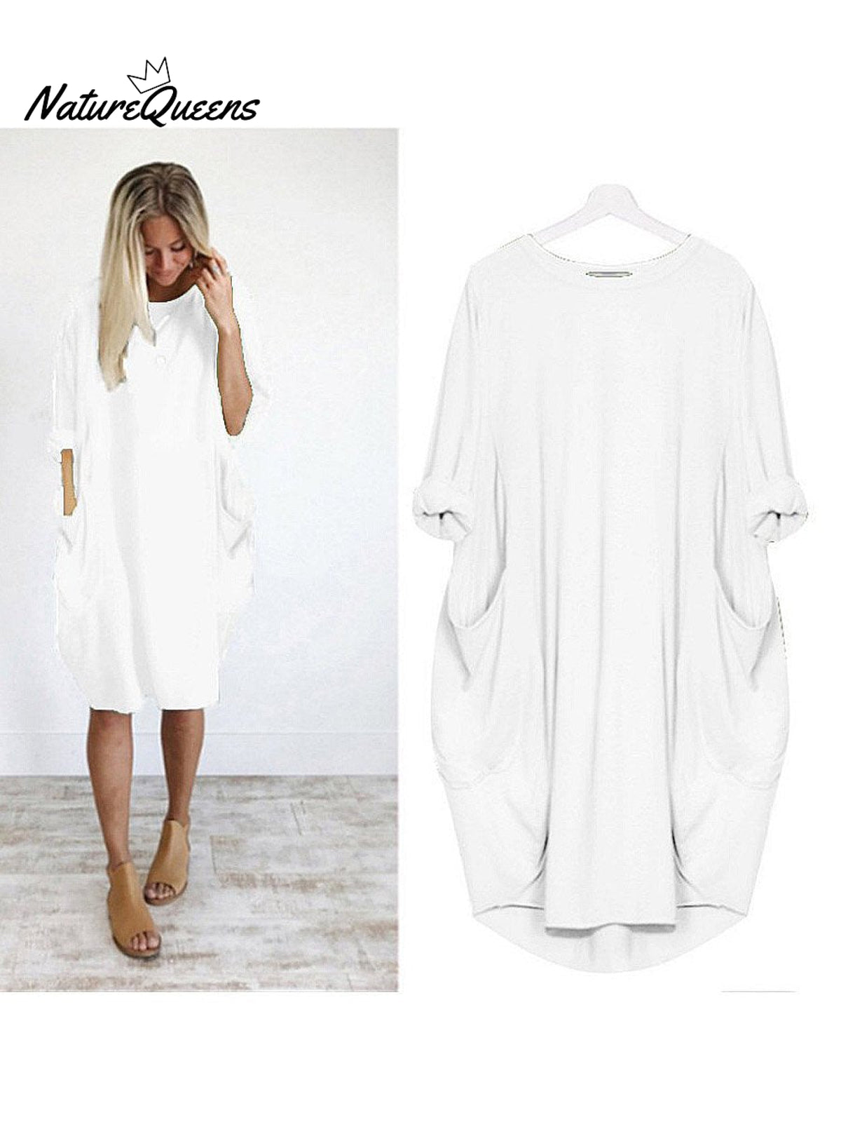 Women’s Solid Color Loose Elegant Casual Long - Sleeved Pocket Dress White / S