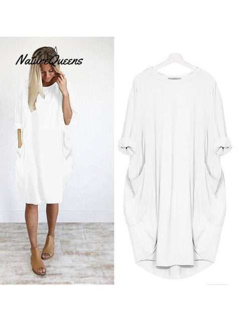 Women’s Solid Color Loose Elegant Casual Long - Sleeved Pocket Dress White / S