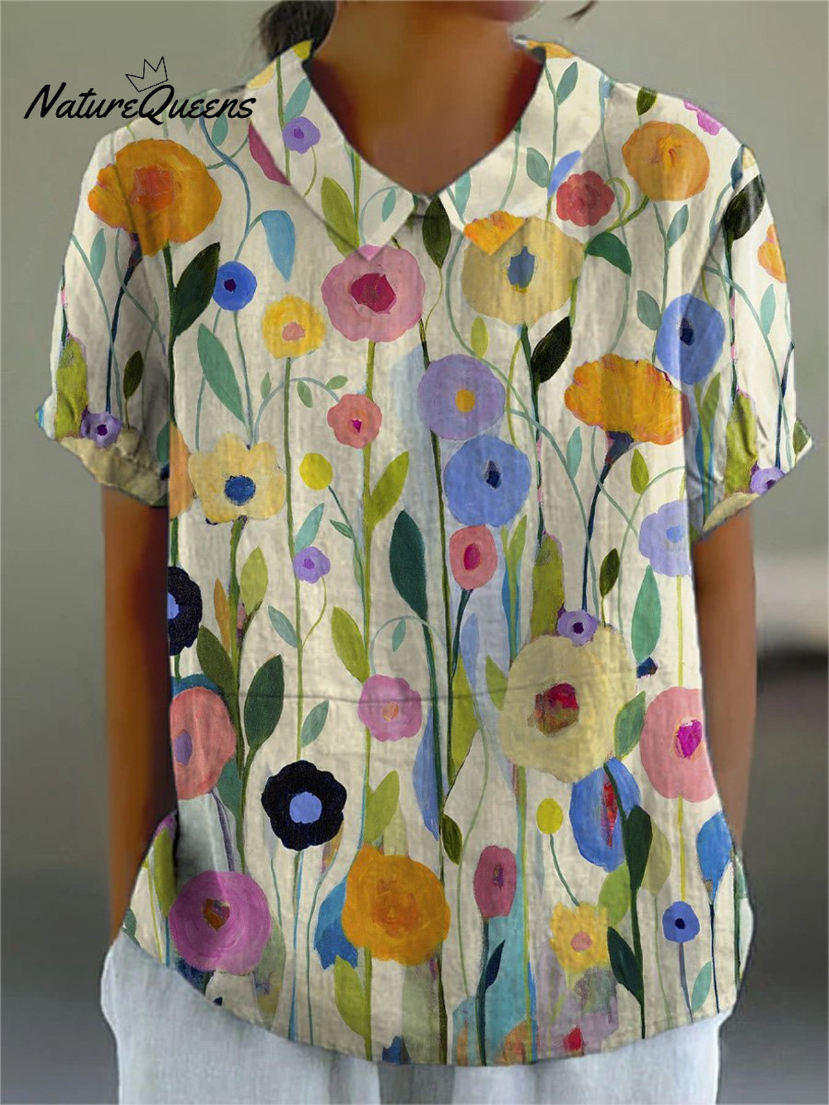 Oil Painting Spring Field Art Printed Women's Casual Cotton And Linen Shirt
