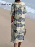 Women's Vintage Lovely Fish Art Print Flowy Dress