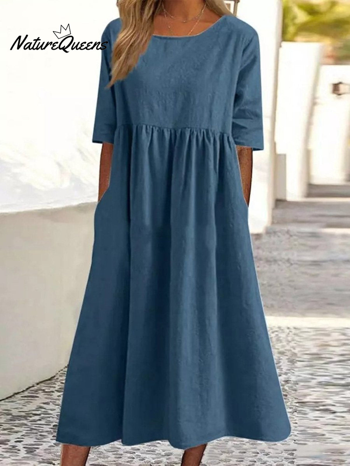 Cotton And Linen Casual Short Sleeve Pocket Pleated Loose Round Neck Dress Denim Blue / S