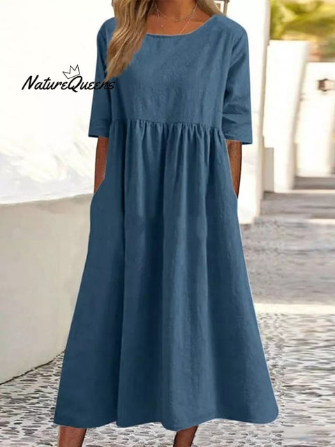 Cotton And Linen Casual Short Sleeve Pocket Pleated Loose Round Neck Dress Denim Blue / S