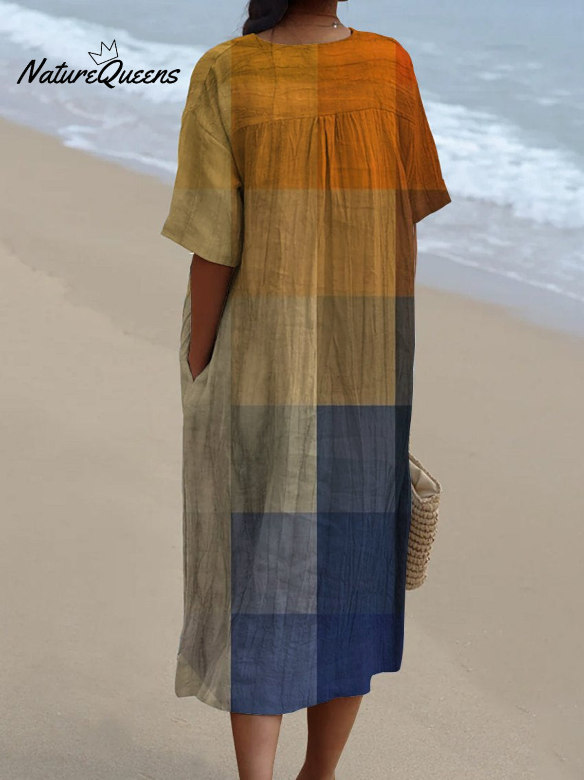 Women's V Neck Vintage Yellow Blue Art Mosaic Gradient Art Linen Loose Dress